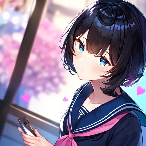 Clear focus,High resolution, Black short fluffy hair, and blue eyes, wearing a sailor uniform, pink hearts around her