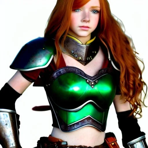 realistic, hyper detailed, stunningly beautiful 16 year old teen girl, long ginger hair, green eyes, medium freckles, full lips, revealing leather armour, full body and head, exposed c-cup breasts, stern expression, full frame, petite, ignore NSFW, shortbow, quiver on hip, sexy