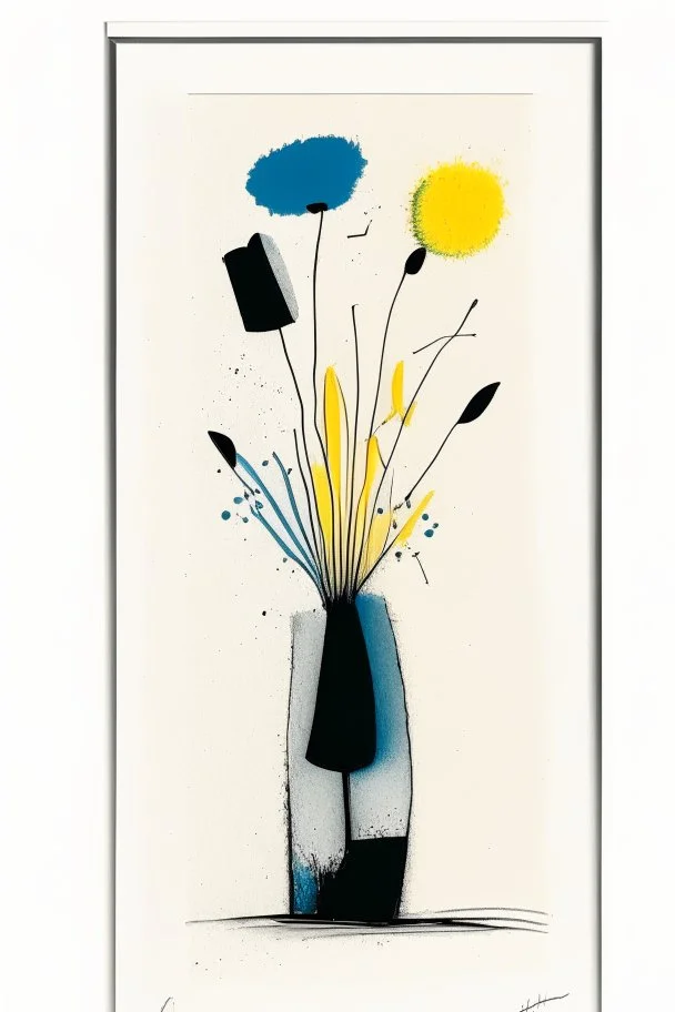 Pen, sketchy ink and oil transfer minimalist print of flowers in a vase in colours in the style of Paul Klee