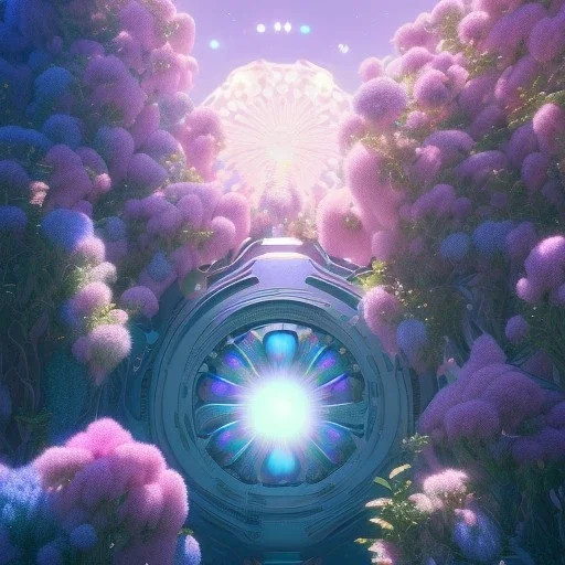 astronave luminosa, cristalli, SWANN, fiori, alberi in fiore, cielo rosa blu, pieno di dettagli, sole liscio e luminoso ， atmosfera di luce soffusa, effetto luce ， vaporwave colorato, concept art, dettaglio liscio ed estremamente nitido, dettagli finemente sintonizzati, altissima definizione, 8 k, motore irreale 5, messa a fuoco ultra nitida