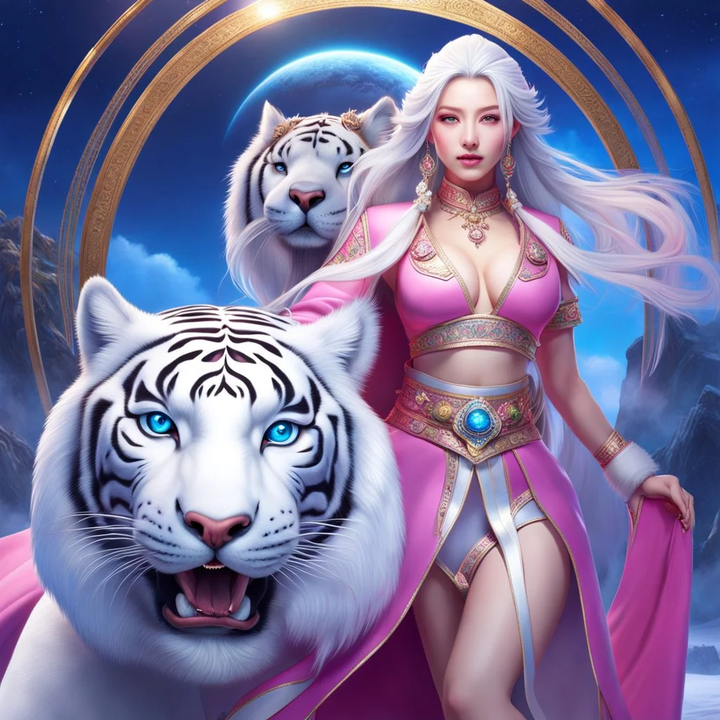 (masterpiece, best quality, 8k, RAW photo, beautiful and aesthetic:1.2), complex detail, Indirect light, photorealistic, (((full body))), 2 Gorgeous Cosmic asian goddess smiling, long curved white hair, blue eyes, Mixed, sci-fi and traditional asian outfit with pink velvet and white furs, riding a white tiger running in a colorfull snowy Sci-Fi landscape with bokeh