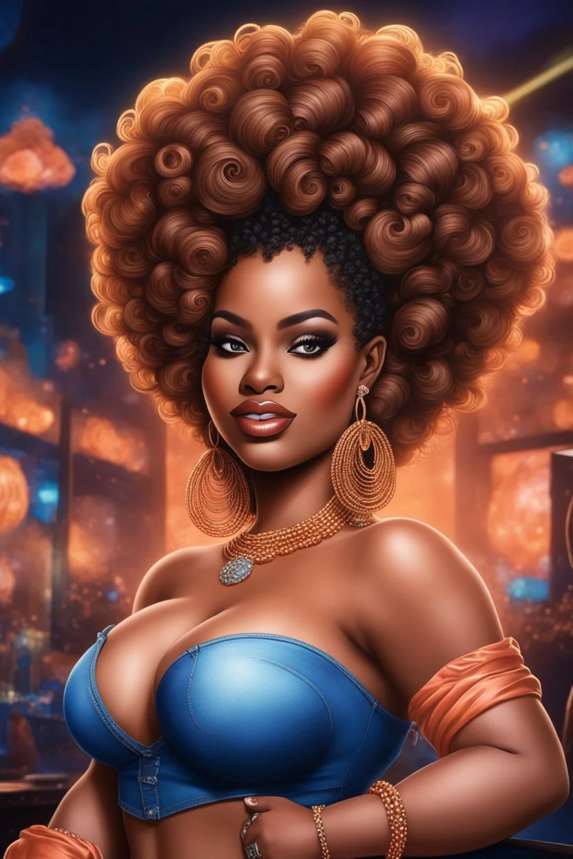 create an airbrush illustration of a curvy black female wearing Tight blue jeans and a peach off the shoulder blouse. Prominent make up with long lashes and hazel eyes. She is wearing brown feather earrings. Highly detailed long black bantu knots. Background of a night club.