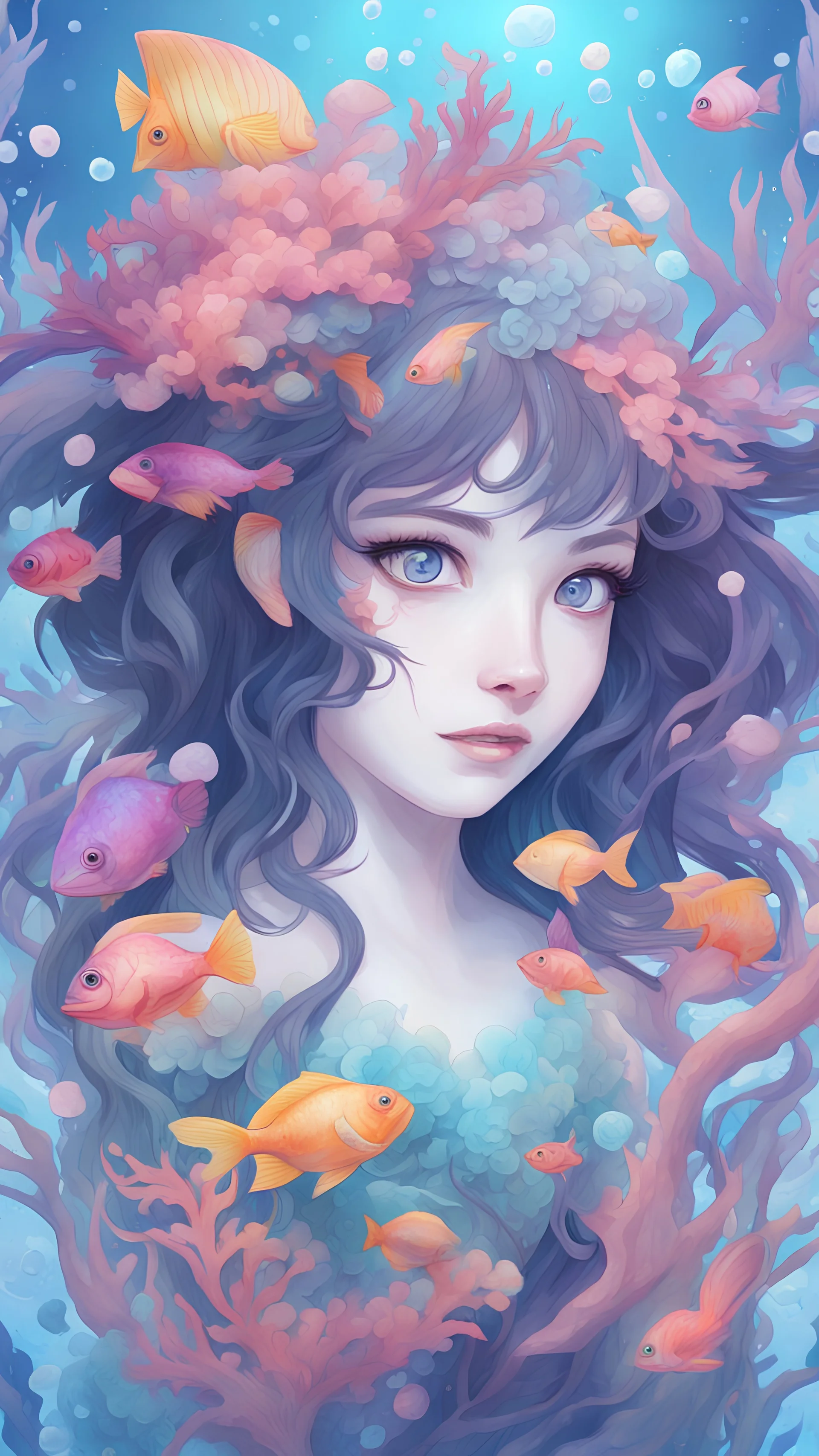 under sea , plants, watercolor, beautiful face, beautiful eyes, purple eyes, black hair, clean design, art station, splash of colorful paint, cute fishes, contour, hyperdetailed intricately detailed, unreal engine, fantastical, intricate detail, splash screen, complementary colors, fantasy concept art, 8k resolution, pale skin, twilight, extreme quality, extremely detailed, ultra-detailed face, ultra hd 8k,