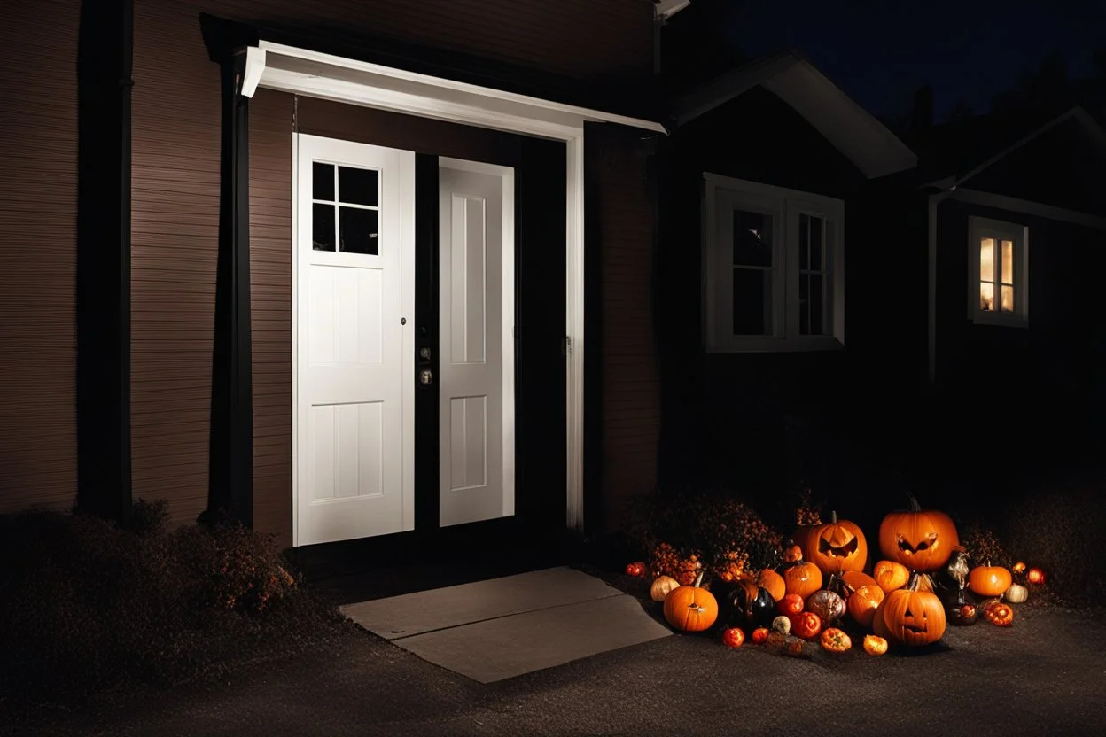 [adult time] shadows night, halloween costume an the step door of a mundane American house in the streets of this small American town. houses with fancy halloween decorations, knock at the door “trick or treat” you say. You are surprised to see her opening the door with a large smile and a bag of candies on her hump