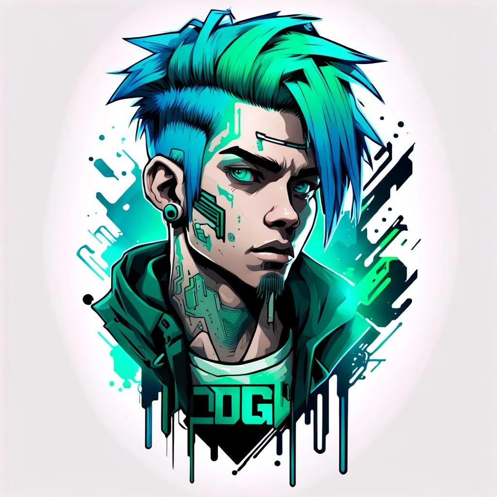 -shirt design, cyberpunk, art boys for style tattoo, blue green hair, there is a written name logo "digi" below, Grafity style, White background.