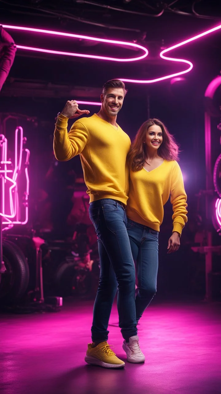 Hyper Realistic photographic-view of a Handsome Muscular Man in yellow sweatshirt-&-Navy-Blue-Jeans dancing-happily -&-closely with a beautiful girl in pink sweatshirt-&-black-trouser inside a dark-dancing-studio-with-pink-neon-lights including big-metallic-chains & tyres giving there a dramatic & cinematic ambiance