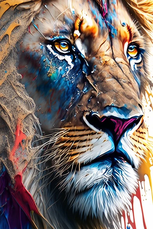 "lion", clean design, epic Instagram, art station, splash of colorful paint, contour, ((solid white background)), closeup, looking into camera, hyperdetailed intricately detailed, unreal engine, fantastical, cinema lighting, intricate detail, splash screen, complementary colors, fantasy concept art, 8k resolution, DeviantArt masterpiece, watercolor, paint dripping