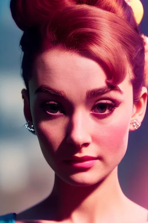 Audrey Hepburn Princess Peach, closed eyes, rtx, reflection, 8k, glow, winning photography, caustics