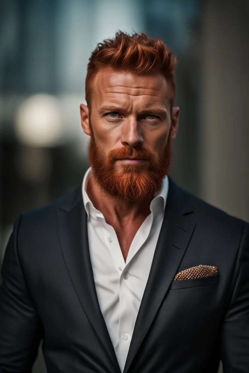 portrait of a muscular and handsome 40 year old man with red hair and a neatly trimmed beard