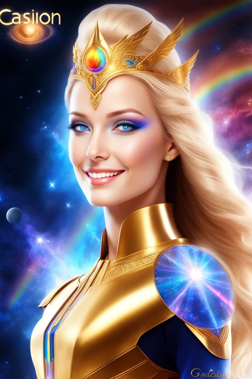 cosmic woman angels smile,admiral high commander from the future, one fine whole face, crystalline skin, expressive blue eyes,rainbow, smiling lips, very nice smile, costume rainbow pleiadian, Beautiful tall woman pleiadian Galactic commander, ship, perfect datailed golden galactic suit, high rank, long blond hair, hand whit five perfect detailed finger, amazing big blue eyes, smilling mouth, high drfinition lips, cosmic happiness, bright colors rainbow, blue, pink, gold, jewels, realist,8k