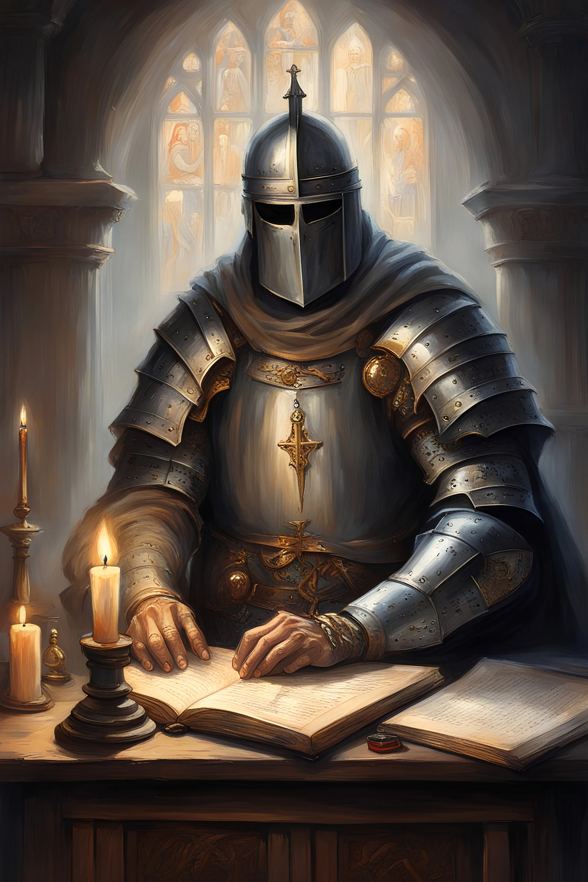 crusader knight sat a desk with a candle reading an ancient tome of knowledge in the style of john blanche , portrait