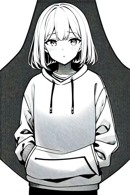 thoughtful girl in a loose sweatshirt, line arts, greyscale