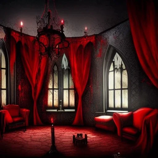 , Vampire lair,gothic manor, blood,room interior design illustration by mick ricereto, detailed, interior croquis color illustration, digital illustration, 4k, ultra hd