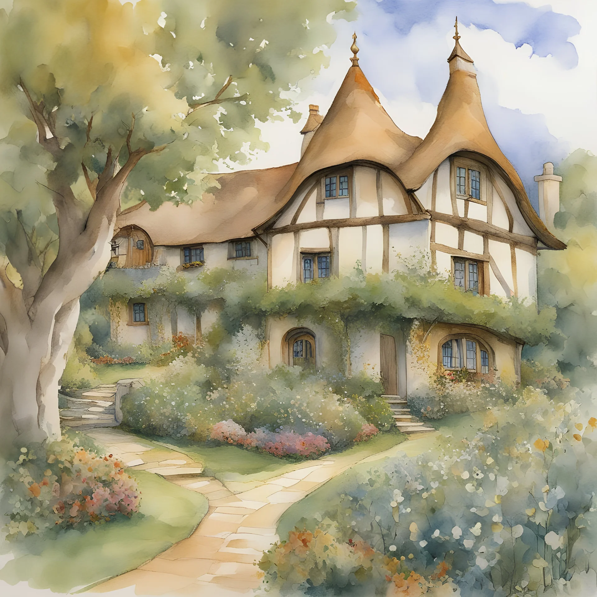 Style Cézanne, luxury, dream world, calm beauty, fantasy world, magic, beautiful composition, exquisite detail, hobbiton, sketch drawing, lineart, watercolour