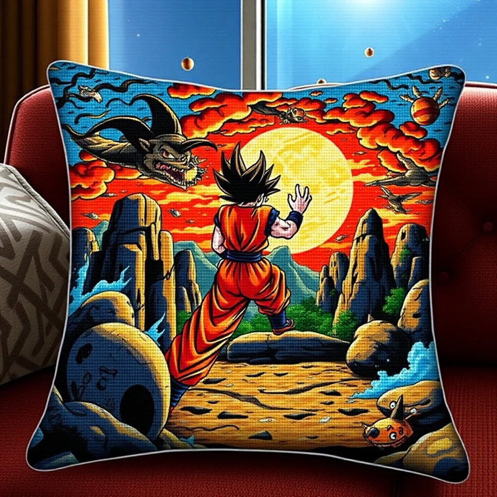 Intricate Anime Needlepoint, Dragonball Z dramatic scene, manga, couch cushion