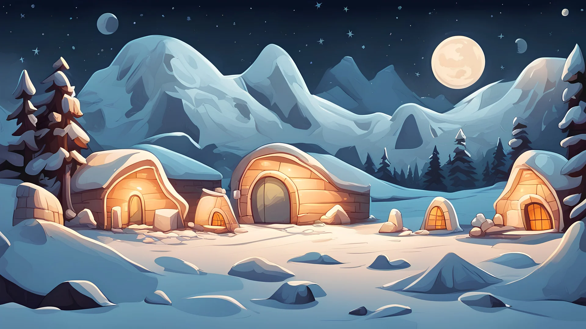 cartoon illustration: North Pole night, nature and igloos