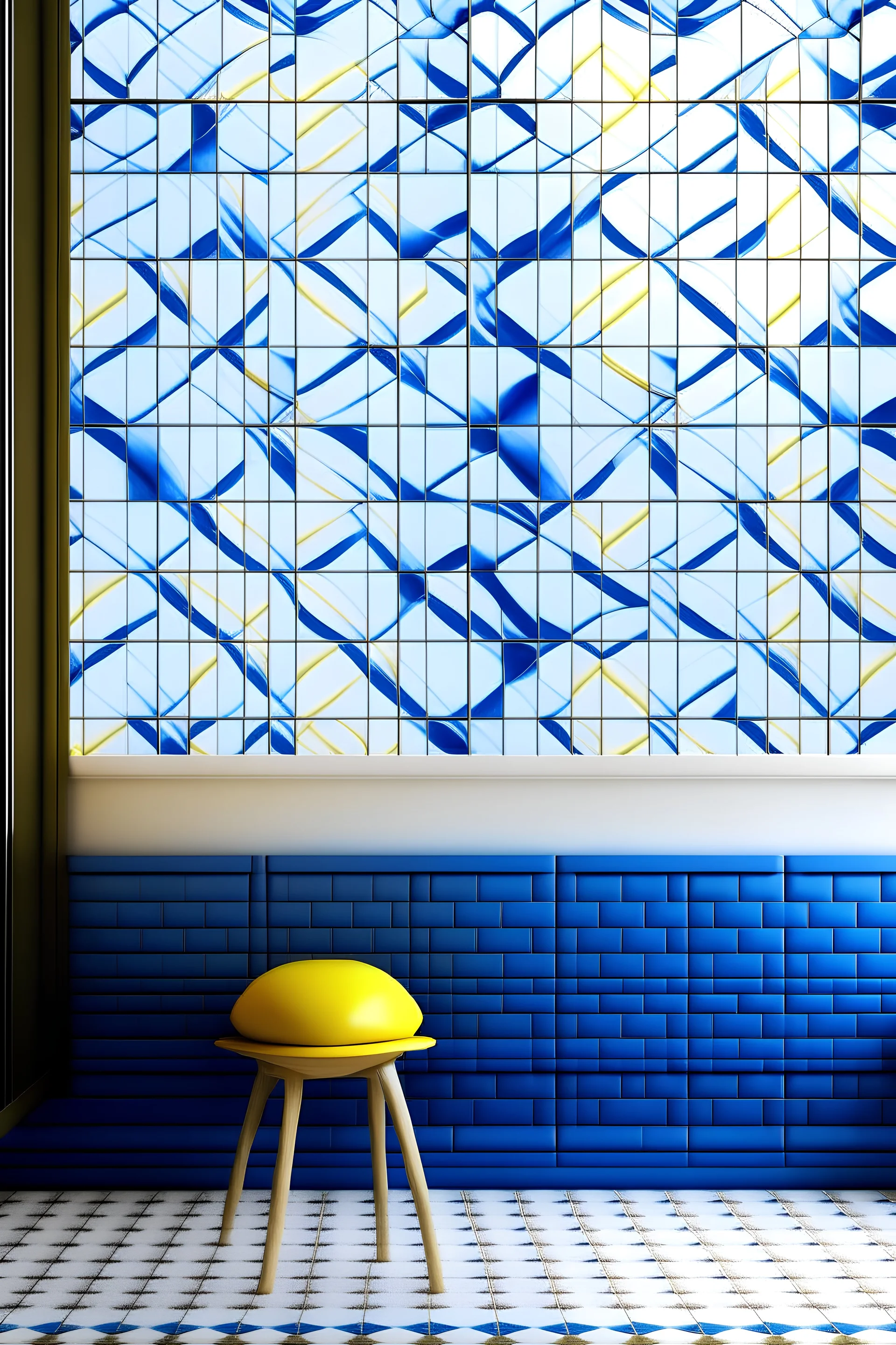 Create handpainted wall mural featuring a seamless pattern of interlocking blue and white tiles with subtle yellow accents. Each tile should have a delicate hand-painted texture."