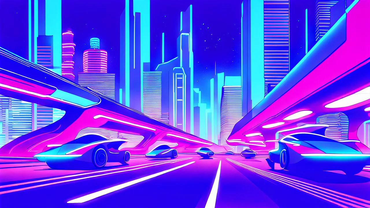 A futuristic cityscape at night with neon lights and flying cars.