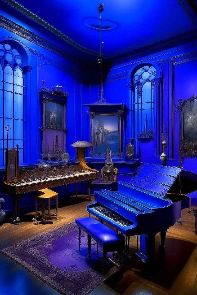 A blue violet mansion with floating instruments painted by Leonardo da Vinci