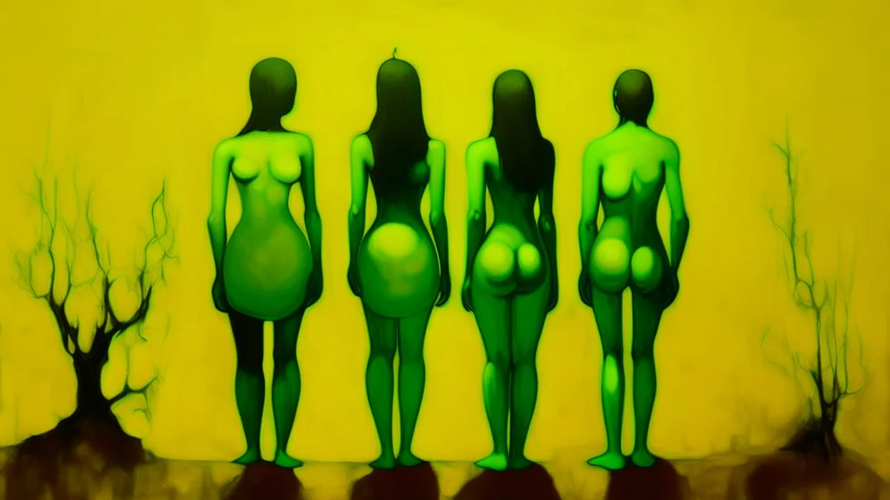 (forbidden fruit:)a painting of three people standing next to each other, an acrylic painting, trending on cg society, yellow and limegreen color scheme, monoliths, siluettes, in a row, detailled light, group of people, trending on artstion, female forms, smoldering, suns, chambers