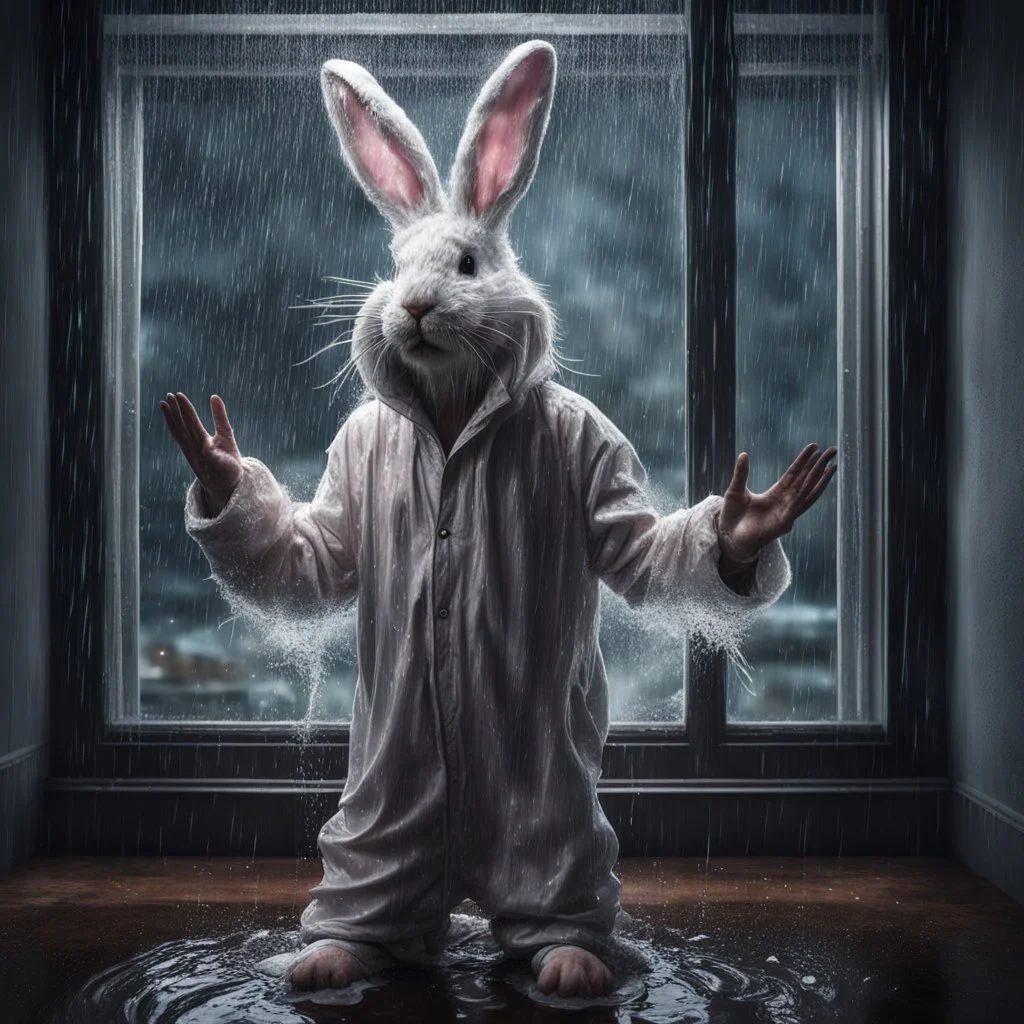 digital hyperreal rendering of a disheveled soaking wet man in ill-fitting wet floppy eared full easter bunny onesie costume looking in window at night making the heart hands gesture, Dramatic, heavy rain, complex contrast, dynamic composition, humorous and sinister