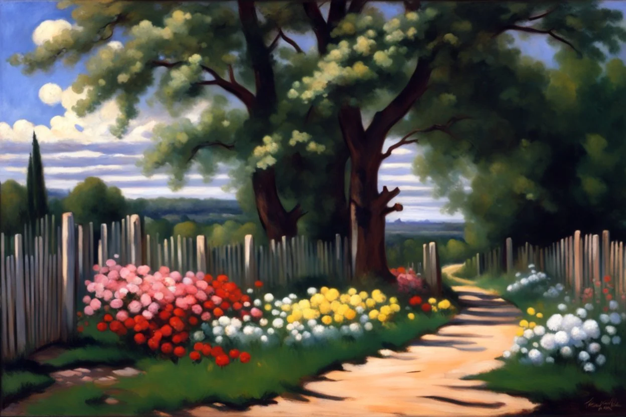 Clouds, cabin, spring trees, little pathway, fence, flowers, frederic bazille impressionisn painting