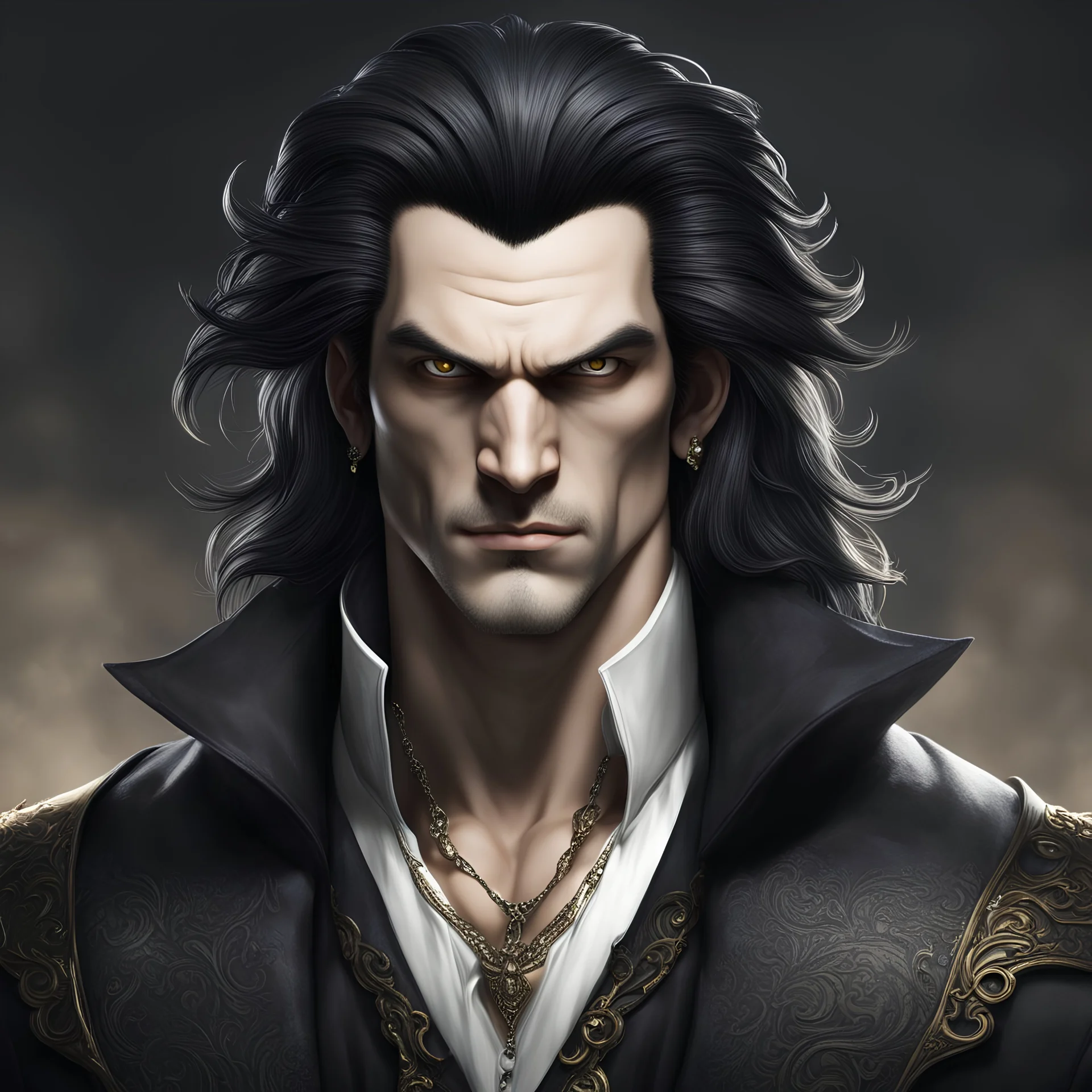 generate a Vampire the Masquarade character portait of a male city Gangrel. he has long, dark hair. he is strongly built. he has a beautiful face.