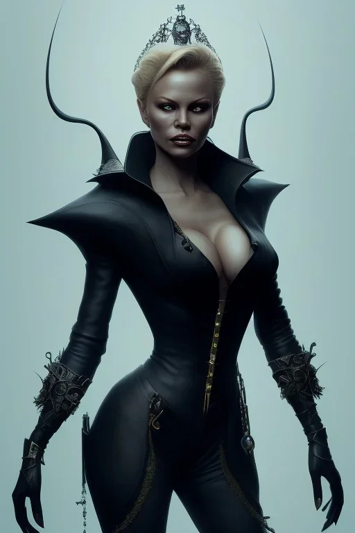 Pamela Anderson as evil queen in black leather, leather, busty, cleavage, angry, stern look. character design by cory loftis, fenghua zhong, ryohei hase, ismail inceoglu and ruan jia. unreal engine 5, artistic lighting, highly detailed, photorealistic, fantasy