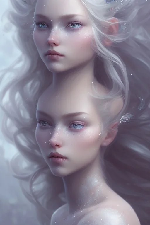 girl, cute, beautiful, snow queen, long hair, blue eyes, makeup, white hair, closed mouth, tilted head, front facing, long eyelashes, big nose, 8k resolution concept art portrait by Greg Rutkowski,