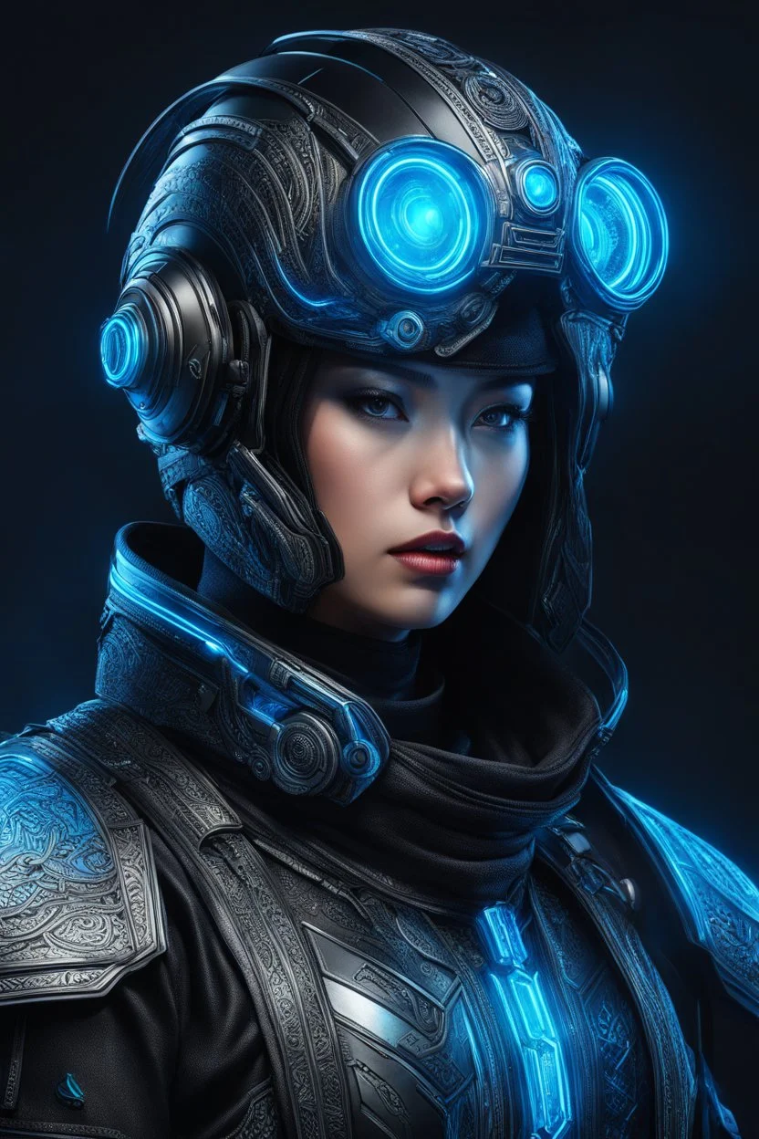 Someone wears a black Changshan costume and glass Cyberpunk helmet , full helmet cover , black and blue color, cyberpunk drawing style, neon, full body, intricate details, highly detailed, high details, detailed portrait, masterpiece,ultra detailed, ultra quality