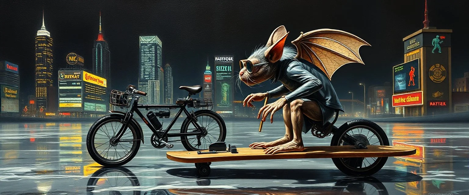 master oil painting by Rembrandt,the tilted quilter,glasses and ticks, cyberpunk imagery synchronized mechanical gremlin rat bat drumming kit flat board trike flickering stable core, wet reflective salt flat city