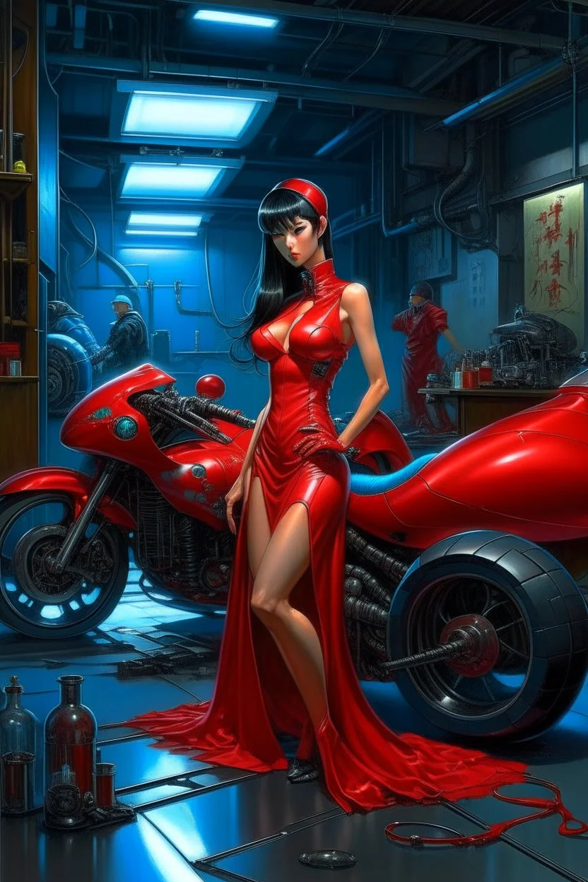 A digital painting by Kuniyoshi and Hajime Sorayama of a beautiful gynoid in a red dress standing in a cyberpunk motorcycle garage.