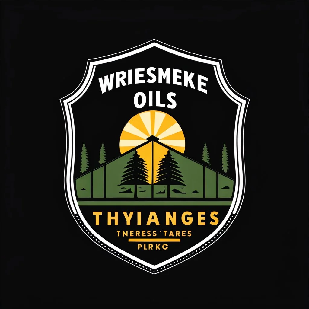 logo for a shop that installs tires and does oil changes, inside a shield shape with squared top and rounded bottom, in the style of national parks stickers