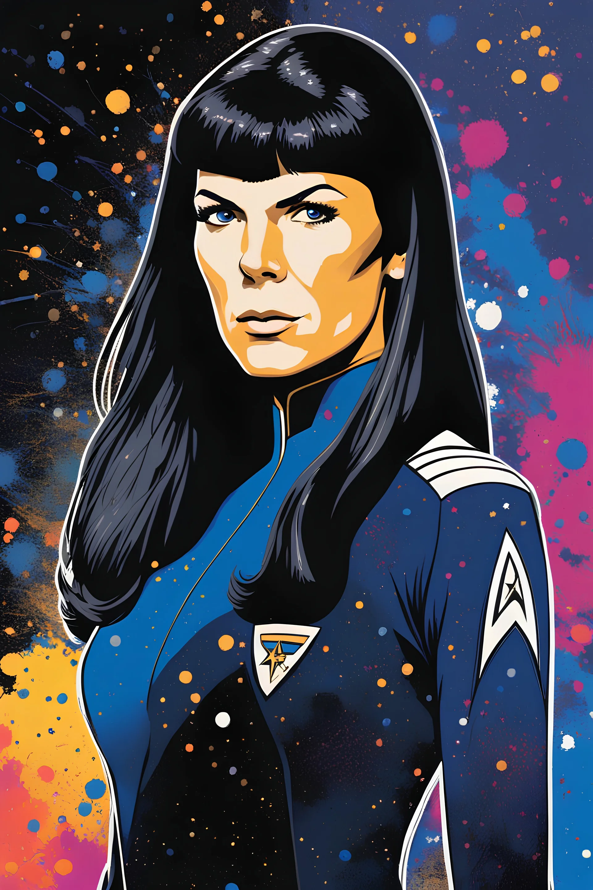 Pitch black background - multicolor splatter painting - 30-year-old Wendy Wendison, who resembles Spock, with long, straight black hair, deep cobalt blue eyes, wearing a long-sleeved, blue, slit, mini dress with a plunging neckline and a star trek upside down V-shaped communicator badge on the left side of the chest -4k, 8k, 16k, 32k, 1080p, UHD, hyper realistic, photorealistic, lifelike, realistic, absolute reality,