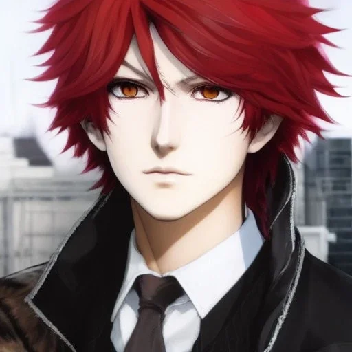 Detailed anime boy, crimson red hair, long classic taper hairstyle, dante dmc5 hairstyle, wolf ears protruding out, white trench coat, intricate details, full body portrait, keep head in frame, slight smile, black Japanese motif, concept art, highly detailed, digital painting, concept art, sharp focus, illustration, art by Yoji Shinkawa, WLOP and greg rutkowski and alphonse mucha and artgerm and yanjun Chen and Junji ito and Makoto Shinkai, HDR, octane render, highly detailed