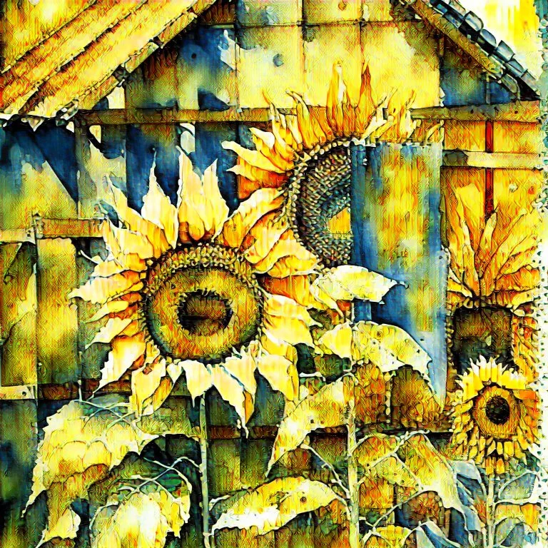 Watercolor patchwork painting of beautiful sunflowers growing against my wooden shed, greens, browns and yellow and orange, no signature no watermark, Patchwork by Meghan Duncanson and Jennifer Lommers and Didier Lourenço Modifiers: beautiful high detail fantastic view colourful watercolor patchwork alcohol ink Speedpaint