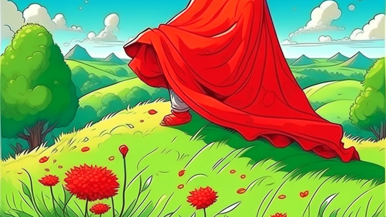 fantasy cartoon illustration: red handkerchief tied around a shrub on the hill