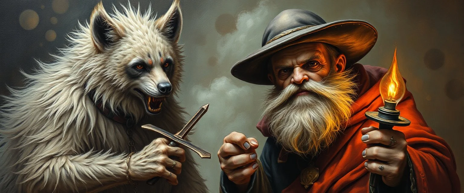 master oil painting with some air brush, fluffy human thief hyena merchant sailor priest realistic and creepy, straight from the lich lab, in the style of Escher and Titian