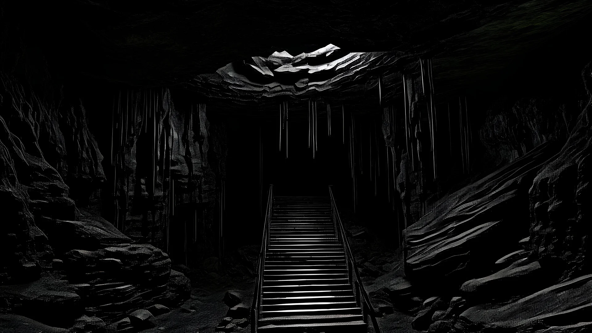 dark rock cave, looking upward as the cave continues upward. waterworks are used to deliver mined ore from the top of the cave down to the bottom, lined by a small dam, in the style of jordan grimmer