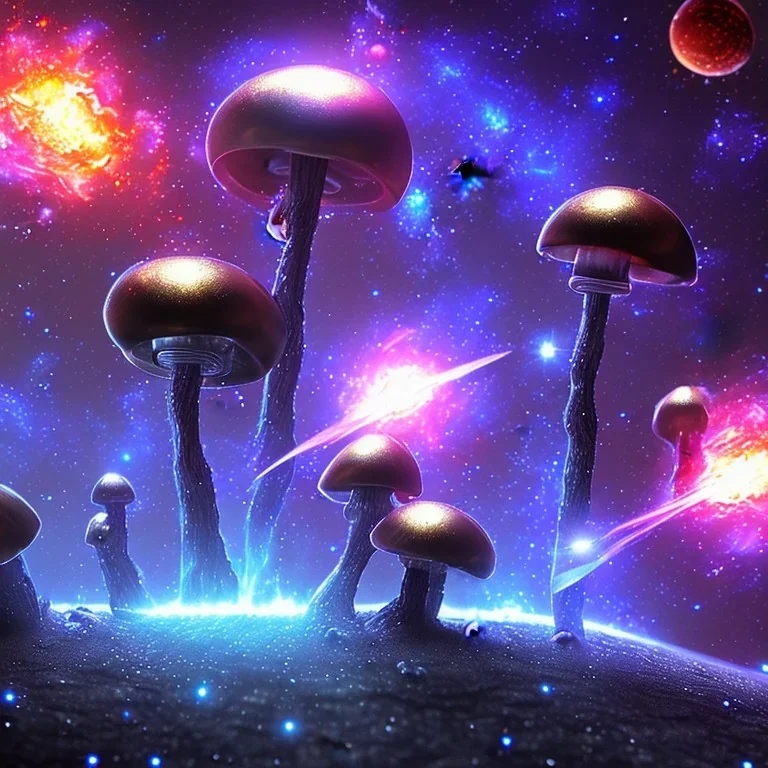 metal MUSHROOMs stars galaxy SPACE lANDSCAPE BURNING IN BLUE FLAMES hellfire abyss Faust sword wings