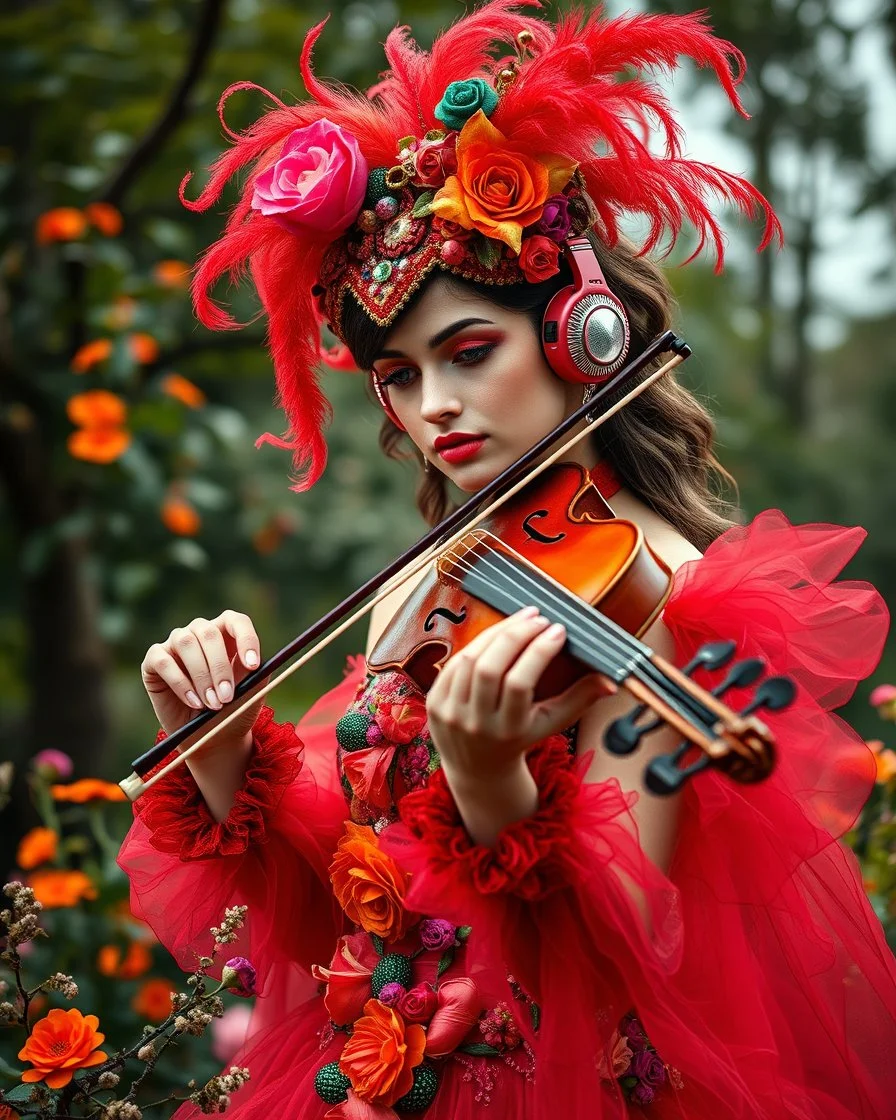 Gorgeous Realistic Photograph Pretty European Supermodel Beautiful, a stunning adorned in vibrant luxury carnival attire, headphones,playing violin standing in park flowers,ethereal beauty, black background, with swirling colors and fantastical tiny flowers, enchantment and grace, twisted vines, whimsical, surreal landscapes, emotive style, dreamlike quality, and magical realism, carnival red, ethereal pink, whimsical blue, vibrant green, celestial purple, golden amber