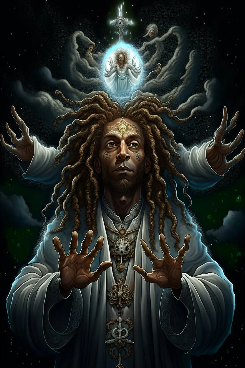 portrait of a cross with octopus arms up towards heaven, hair standing straight up, fluffy clouds, intense eyes,looking upwards, white pupils, close facial portrait of the streetwise magician posing in elaborate cape, angels and demons, fireflies , staircase with closed gates of heaven, 4 k, down light, depth of field, trending on art station, high detail, cracked ground