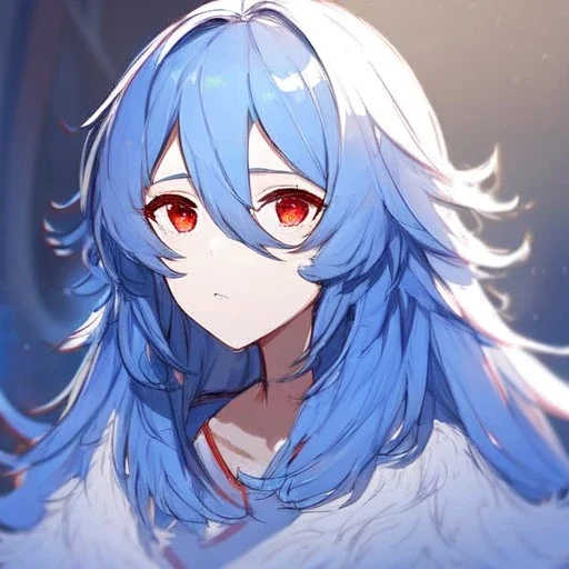 Clear focus, High resolution, rough line sketch art, blue hair, fluffy hair, between eyes, red eyes, no light in eyes