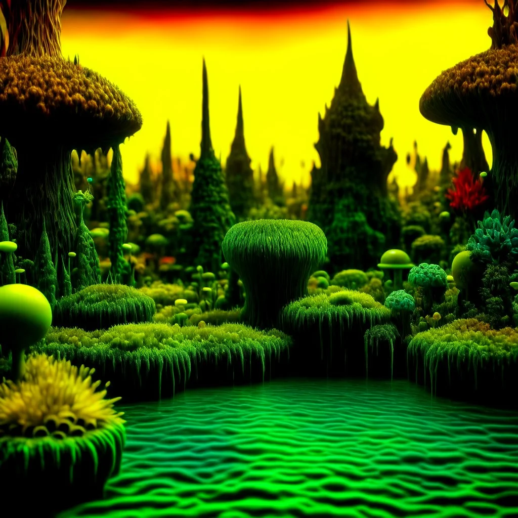 Odd swamp landscape with odd beings surreal abstract Max Ernst style, 120mm photography, sharp focus, 8k, 3d, very detailed, volumetric light, very colorful, ornate, F/2.8, insanely detailed and intricate, hypermaximalist