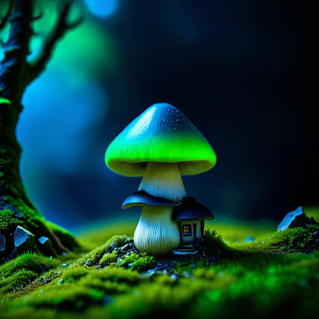 "Close up of a wonderful tiny Mushroom Tower home. green and blue with bright white, deep black and contrasting tones of gray. Illuminated bioluminescent forest. Professional painter, master at composition. small but detailed. broken, blurred background, voluminous lighting"