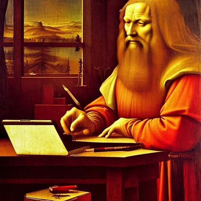 leonardo da vinci works in his study on a laptop at his desk. painting in photoshop. hyperdetailed, warm colors, movie poster, photoillustration, oil on canvas, lens flare