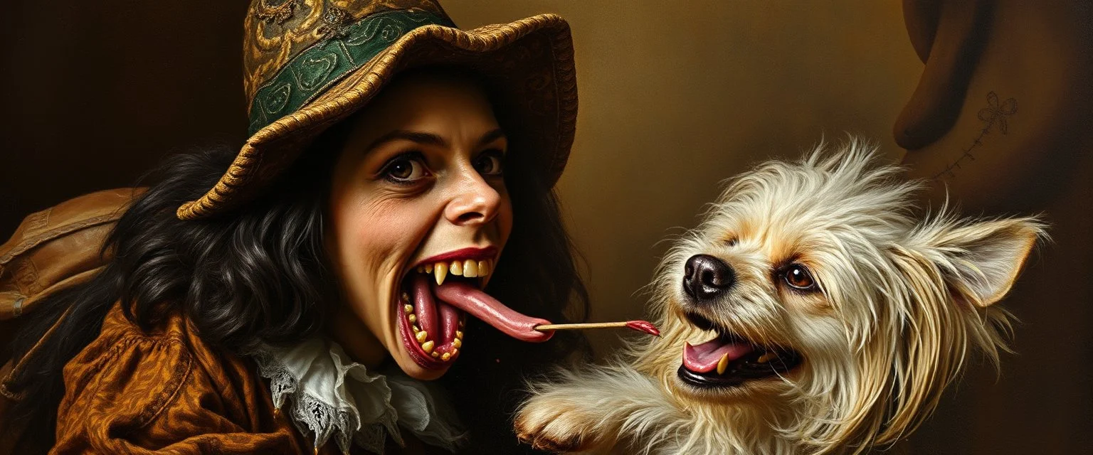 master oil painting by Rembrandt, good afternoon bitch scary hot seductive toothfairy, and her toothfairy dog