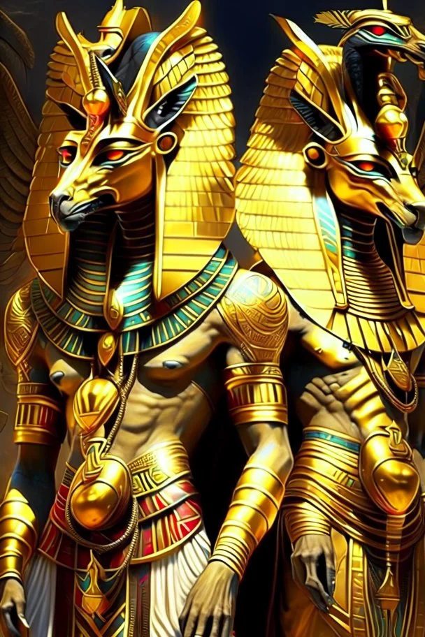 Egyptian gods, full of splendor and wearing golden clothing