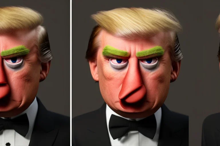 Angry muppet trump, round nose, in suit, eyebrows, spray tan mad, centered