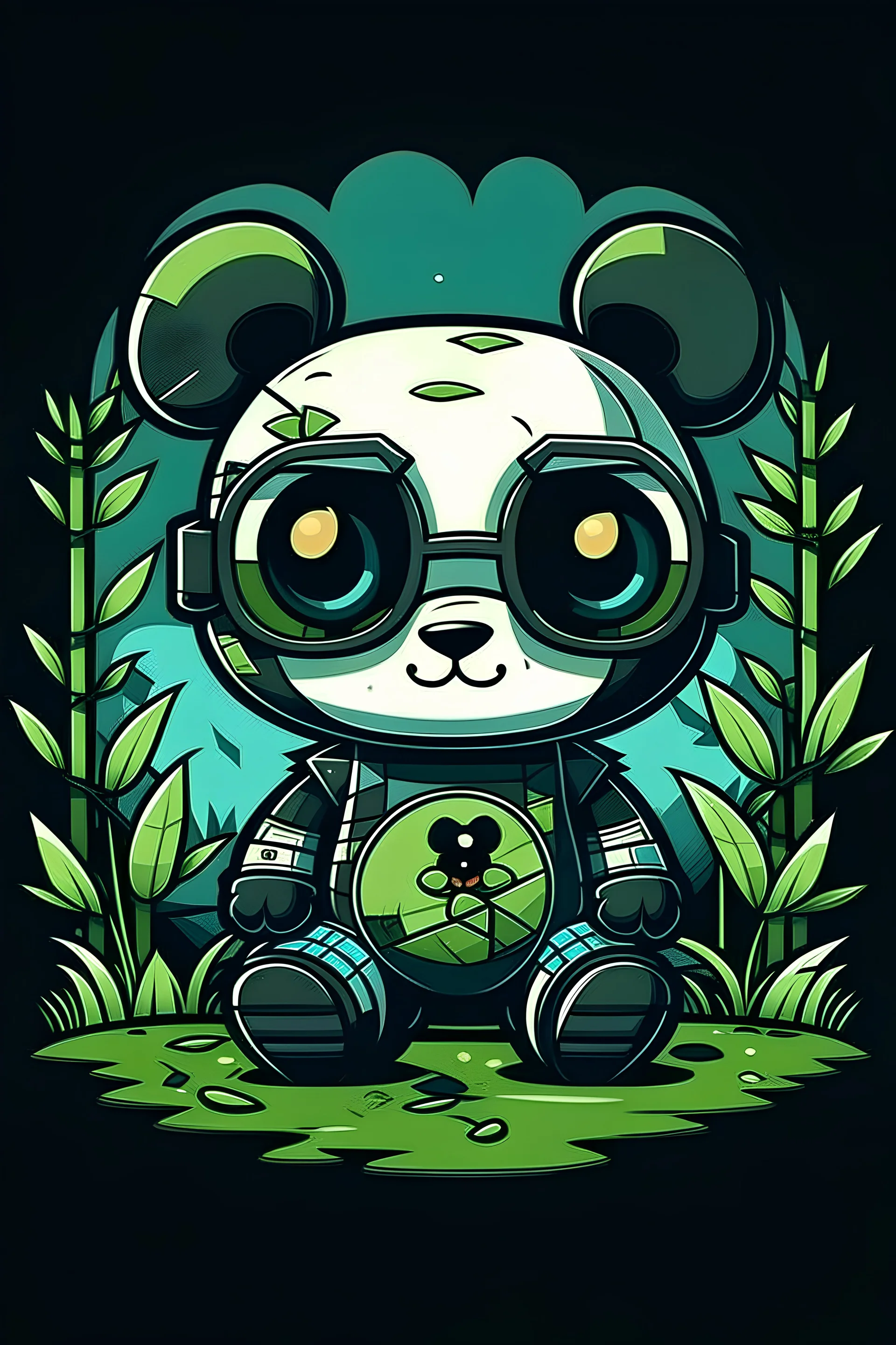 no shadow, no shading , High Quality Pixels a Cute and Playful kawaii Panda Robot on The Forest for Book Cover picture, add sunglass , thick line , blod line, very low details, with Black background,